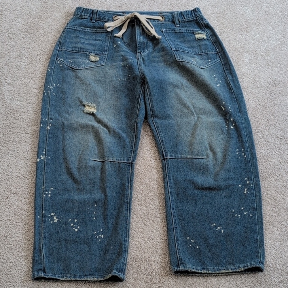 Blue Wide Leg Barrel Jeans with Drawstring Waist